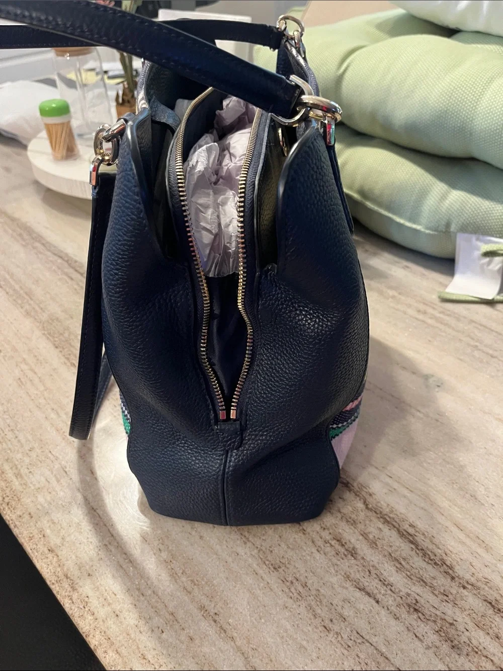 kate spade Striped Canvas Tote in Navy, Yellow, Pink & Green & wallet on yellow